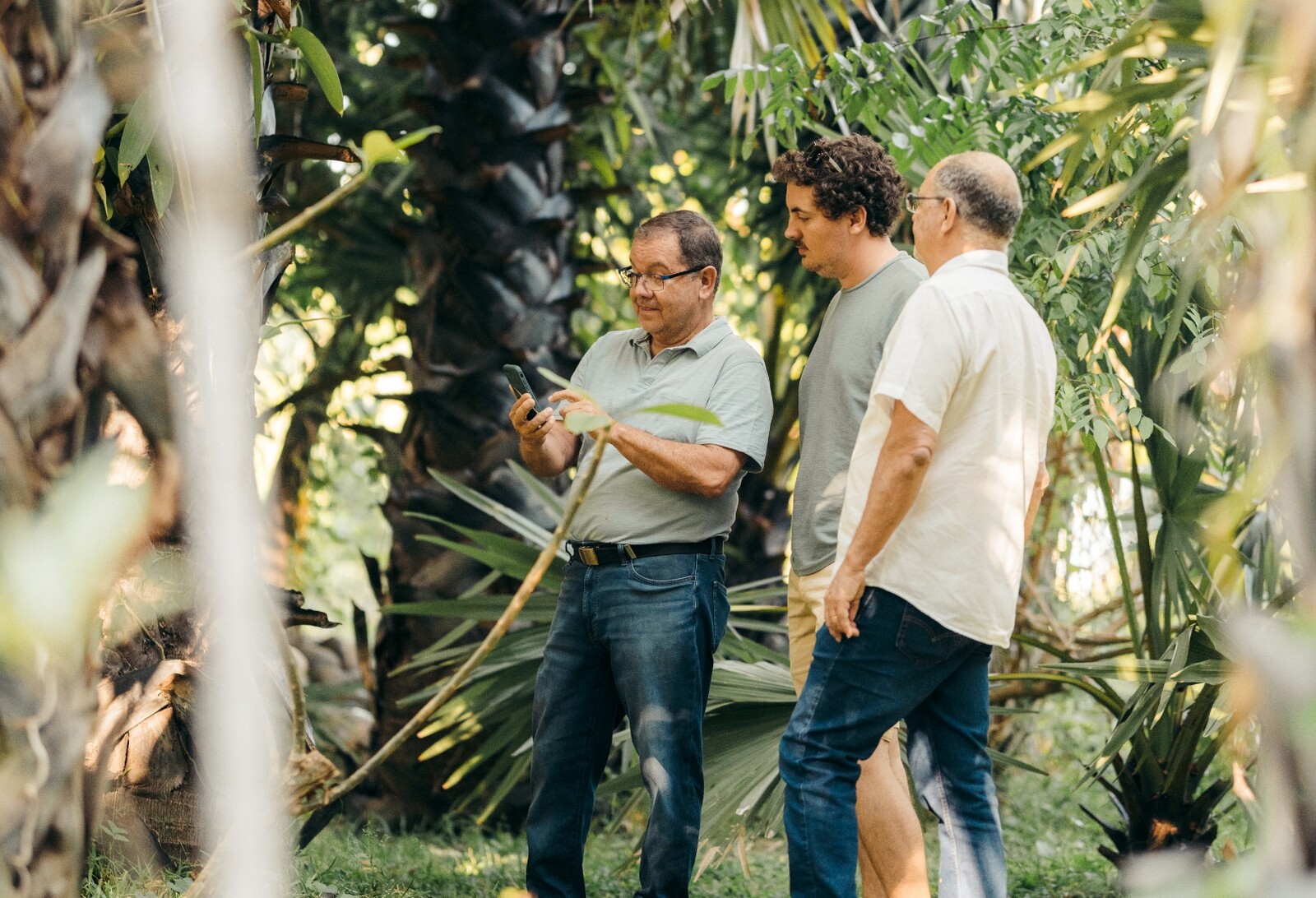 Membres de la distillerie familiale Mahavel observant les plantations dans le domaine à La Réunion