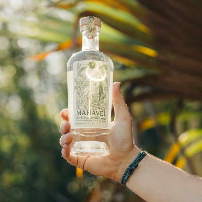 Bouteille de rhum Mahavel en extérieur, végétation tropicale et lumière naturelle